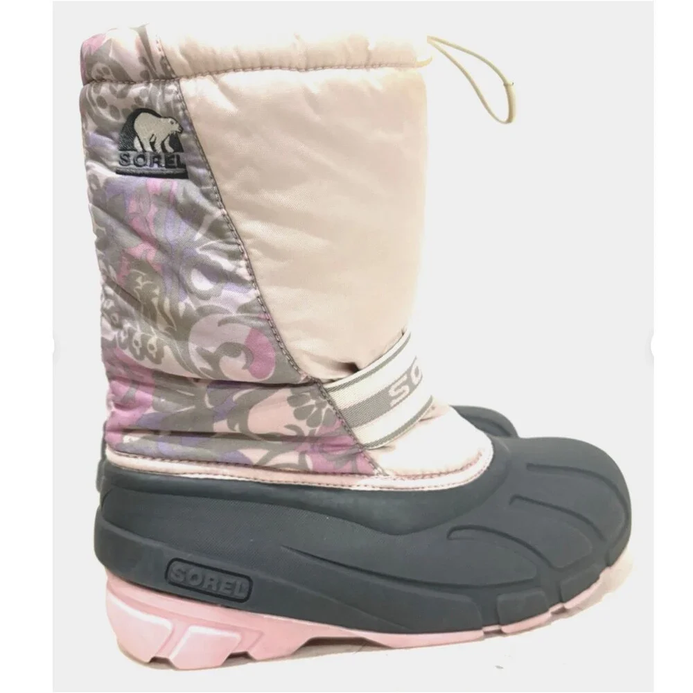 Sorel Girls 6Y Snow Boots Pink Floral Waterproof Winter Rubber Insulated Boot